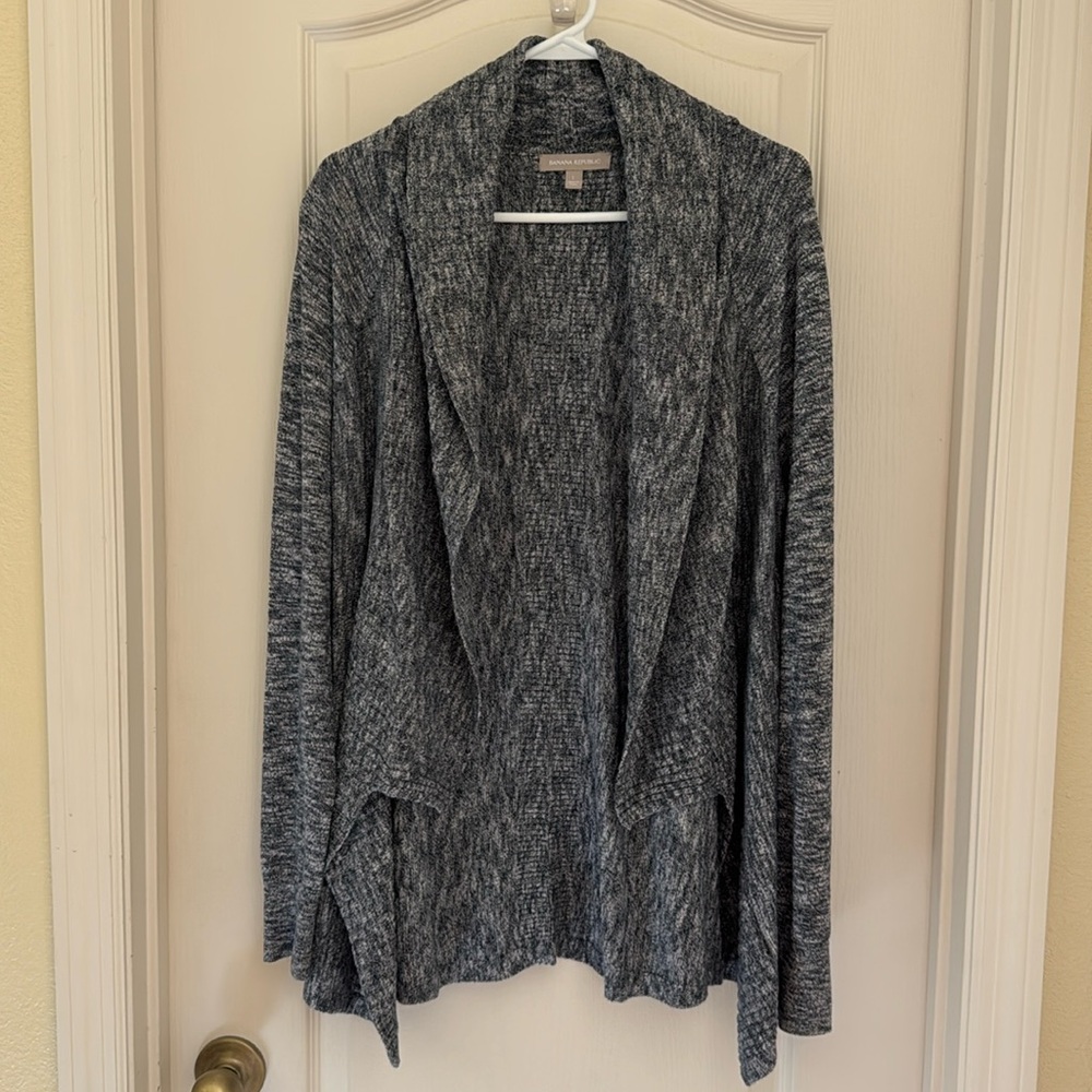 Banana Republic Cable Knit Shawl Cardigan Large Navy White Heather EUC